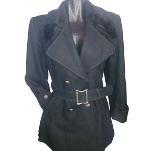 Elegant Black Pea Coat with Faux Fur Collar
